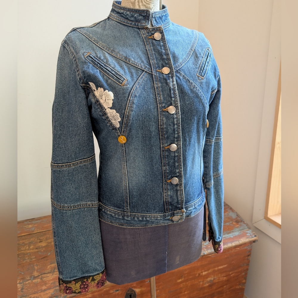OOAK Denim Hand Embroidered, Lace Handmade Button Detailed Jacket, Size XS